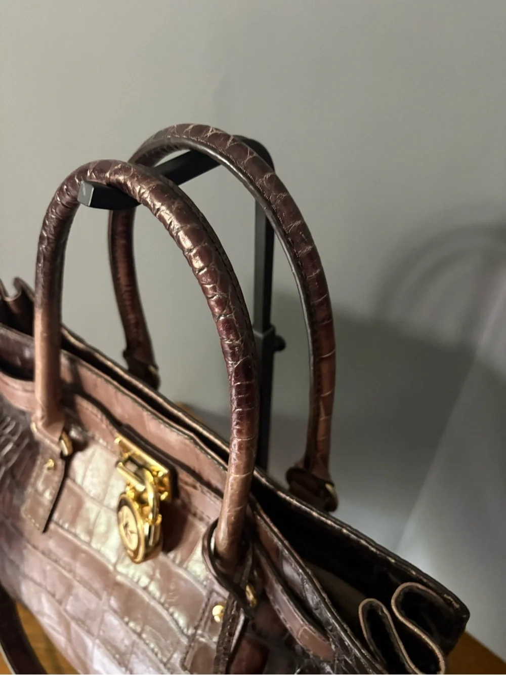 Michael Kors Hamilton Large Croc-Embossed Leather Satchel Tote Ombre Brown